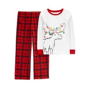 Carter's Big Kids Reindeer Fleece Pajama 2-Pc Set, White Red Black Size 10 NWT